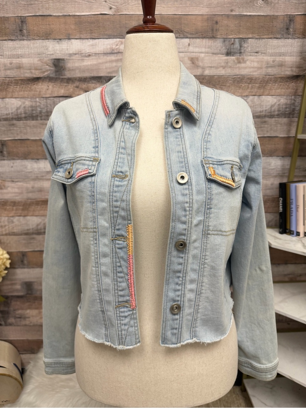 Tribal Jeans light wash crop denim jacket with coral stitching